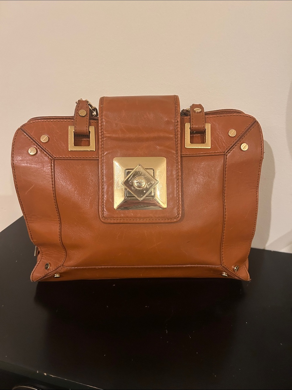 Tory Burch Cognac/Caramel Leather Chainlink Shoulder Satchel Bag, Gold Turn Lock